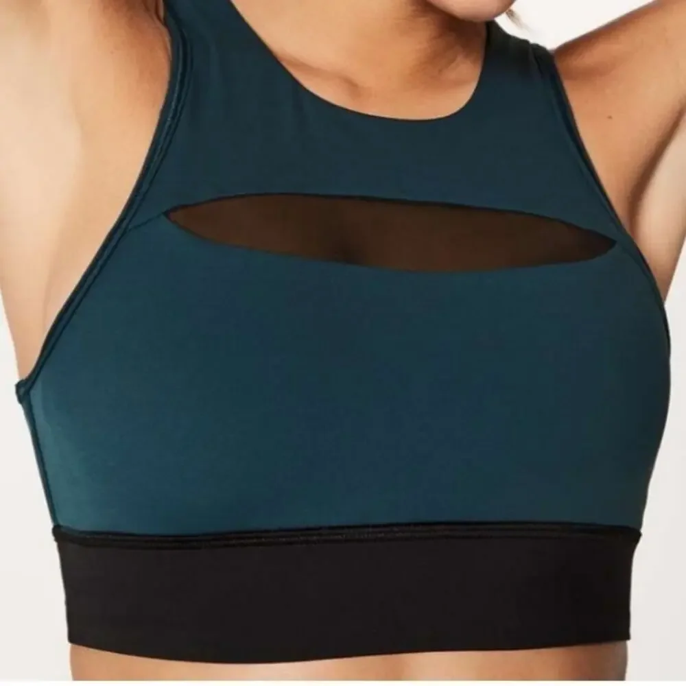 LULULEMON Run The Day Bra Submarine Teal Black Mesh Strappy Size 4